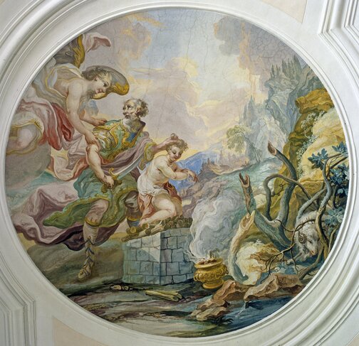 Infolge des Abraham-Opfers gilt Isaak auch als Christuspräfiguration, Fresko in der Sakristei der Basilika 519881heller
